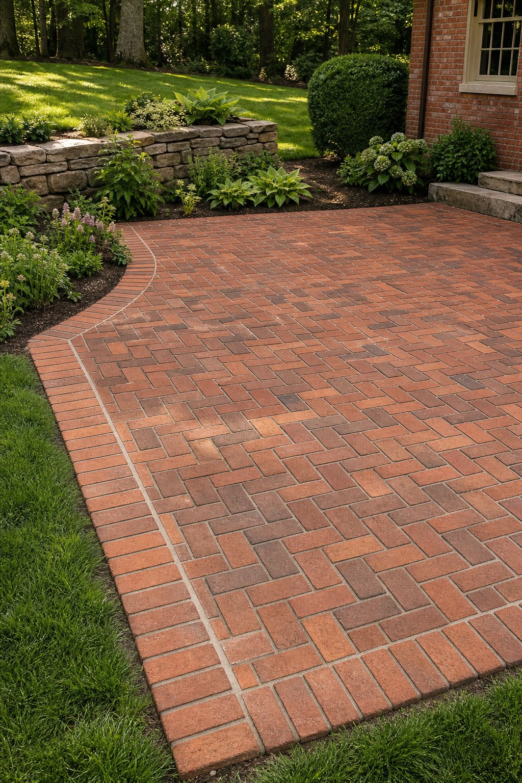 A landscaped brick patio with a single-row soldier-course border surrounded by green lawn and garden plants.