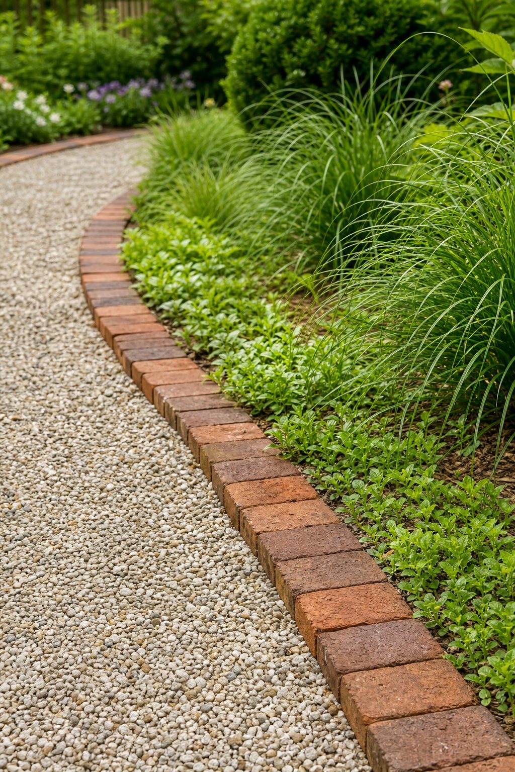 A brick border lines the edge of a gravel garden path beside green plants.
