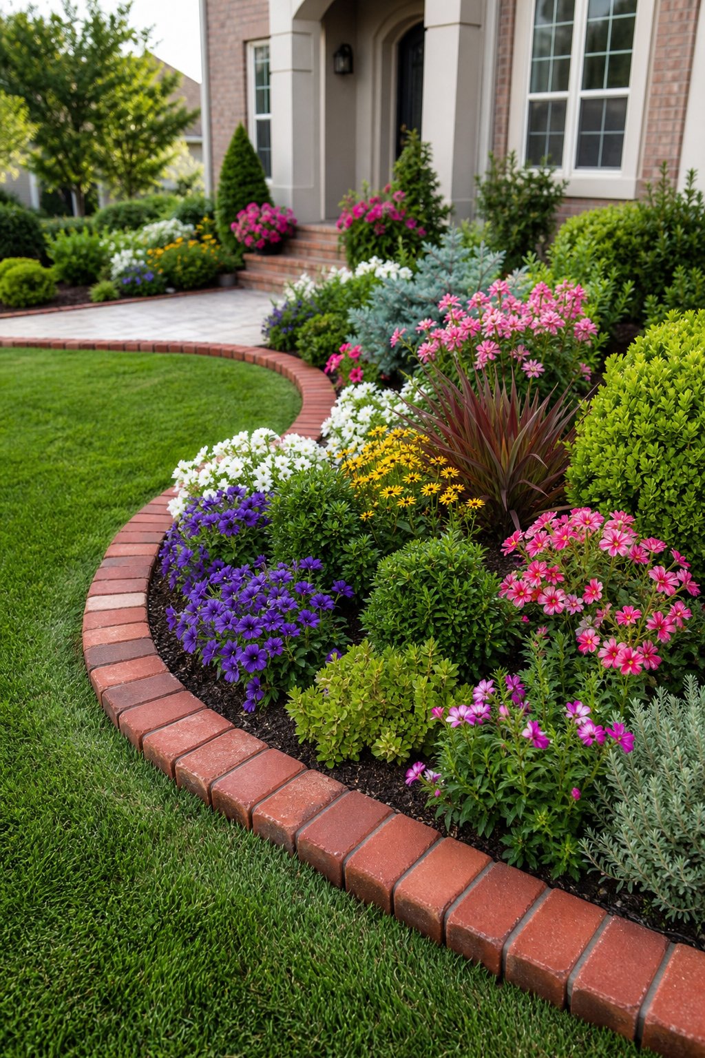 A landscaped front yard with colorful flower beds bordered by low red brick edging.
