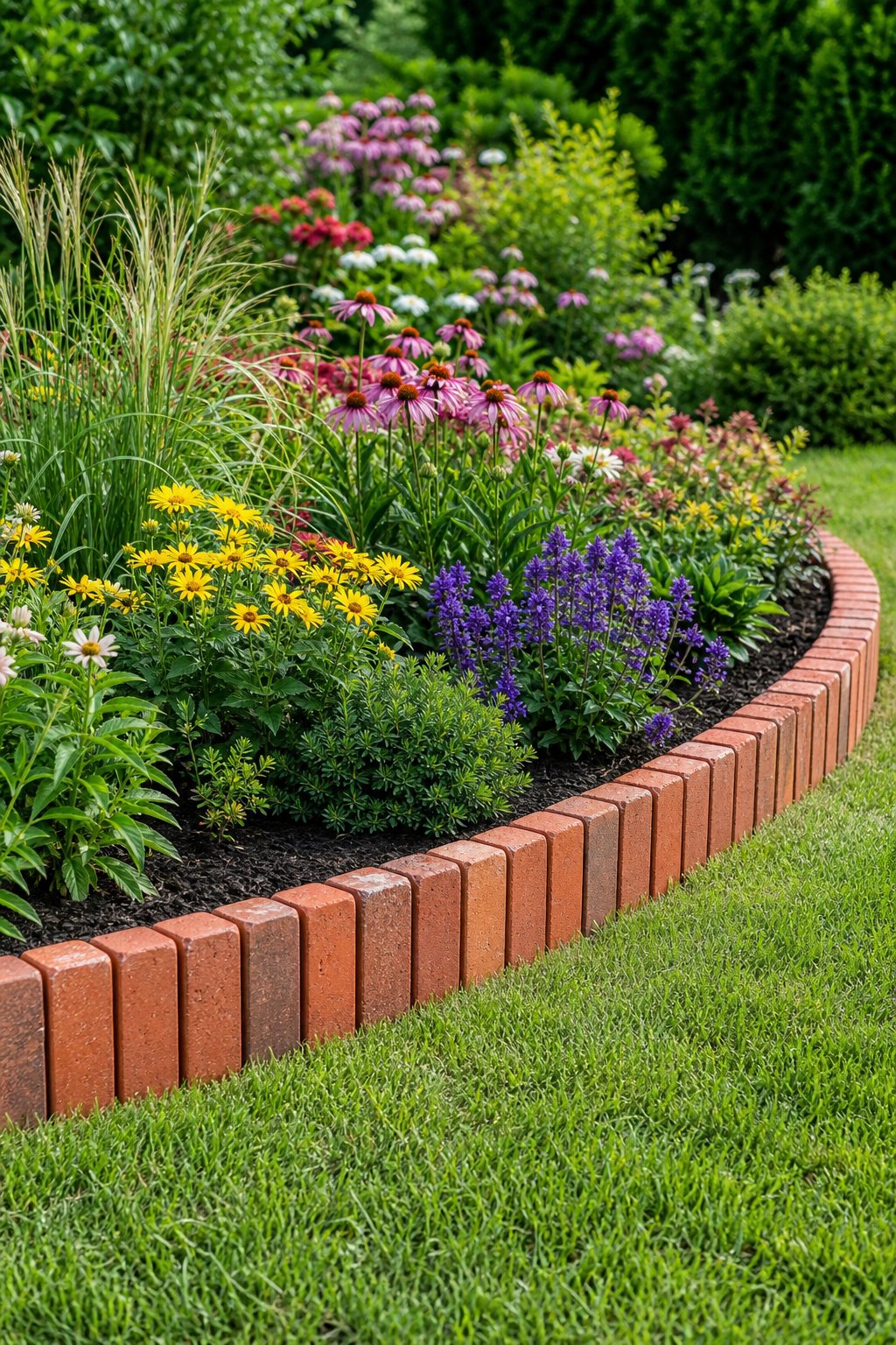 A curved flower bed bordered by upright red bricks in a green garden.