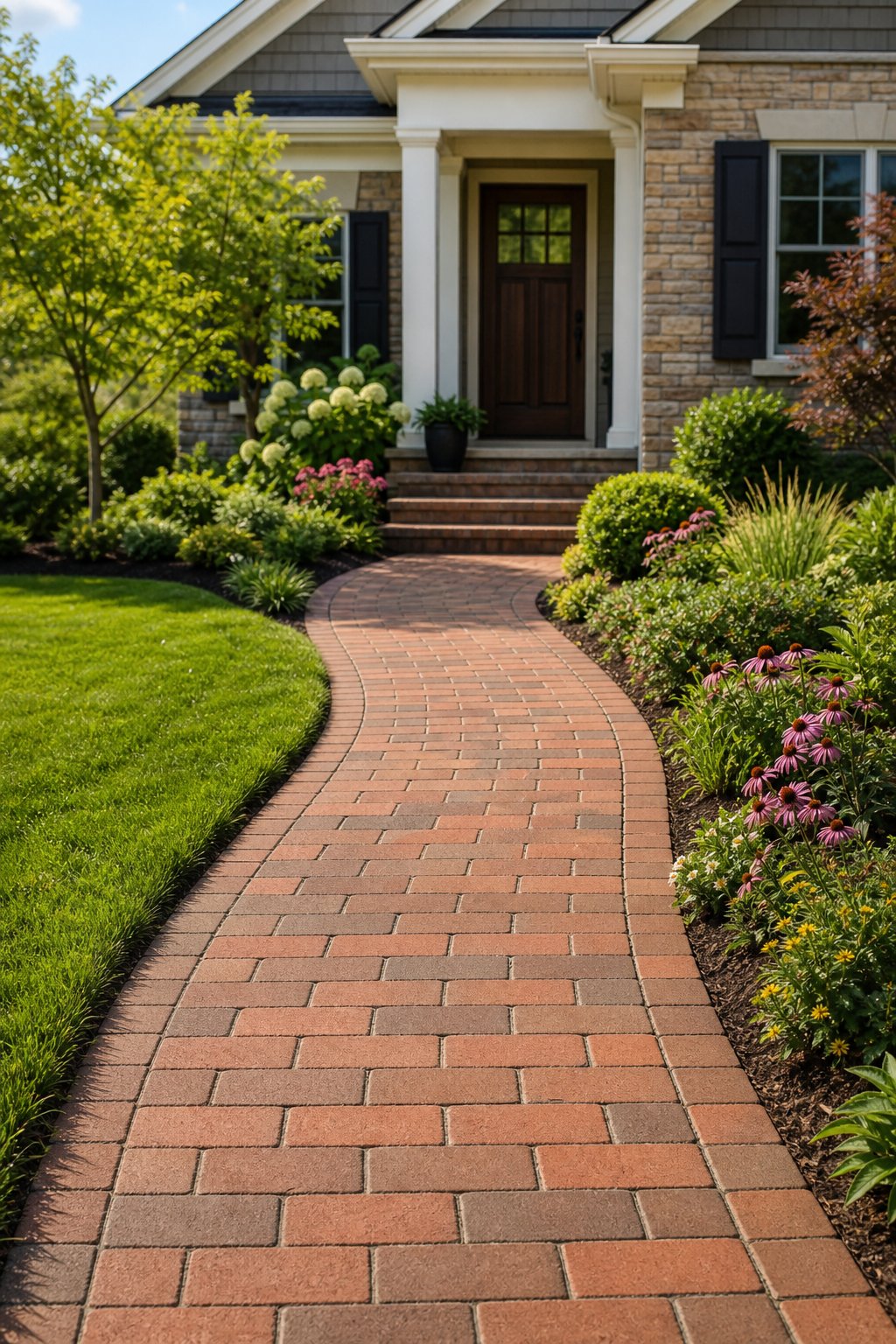 A curved brick walkway bordered by garden plants leads to a residential front door.