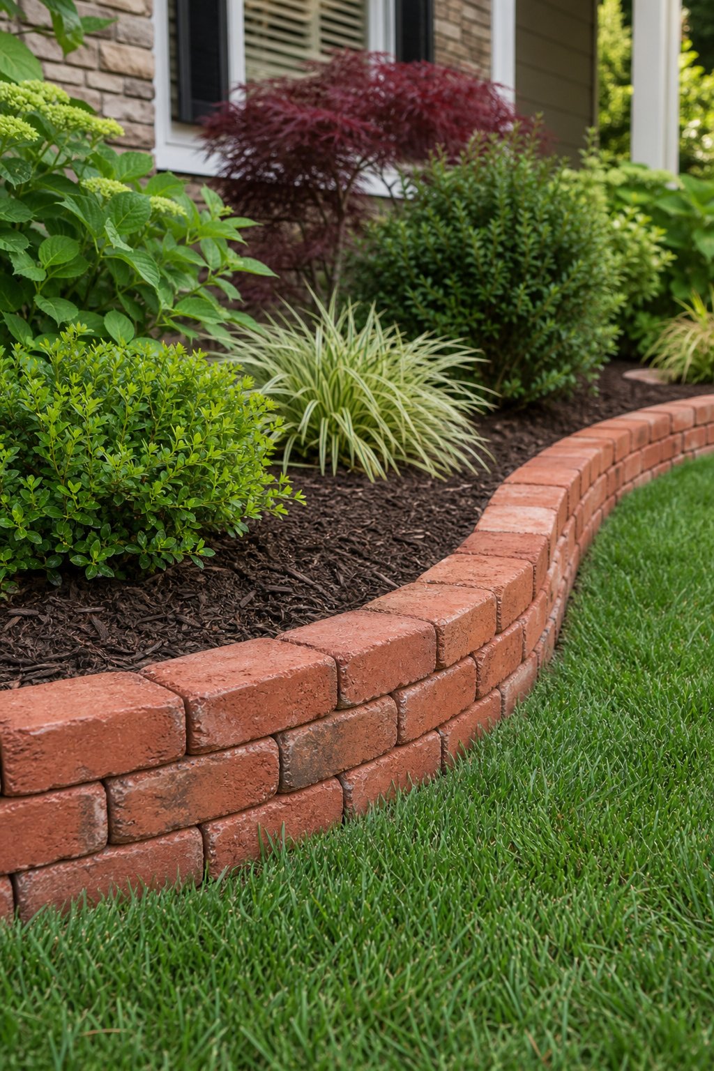 A low stacked brick border separates a mulched garden bed from a green lawn.
