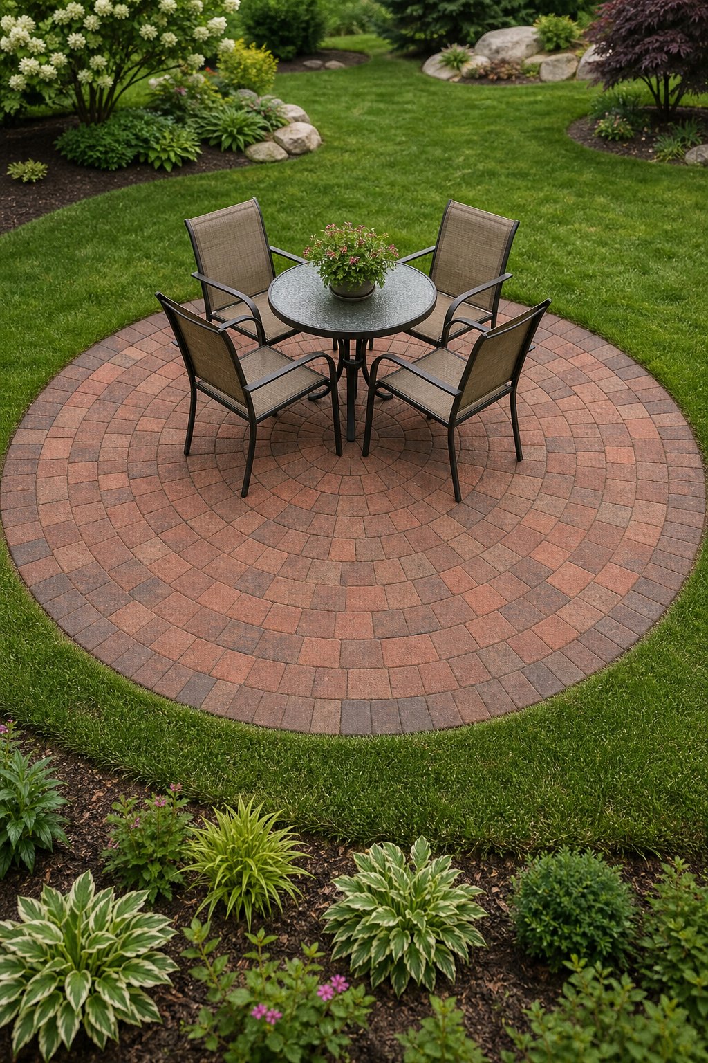 A circular brick patio with outdoor seating surrounded by green lawn.