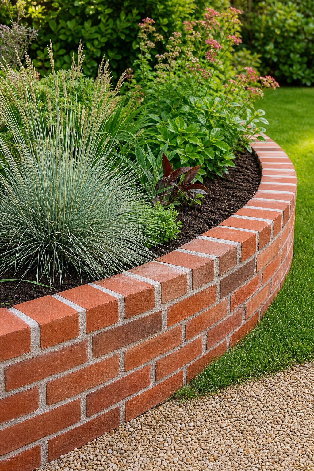 A curved mortared brick border surrounds a raised garden bed filled with green plants beside a lawn.