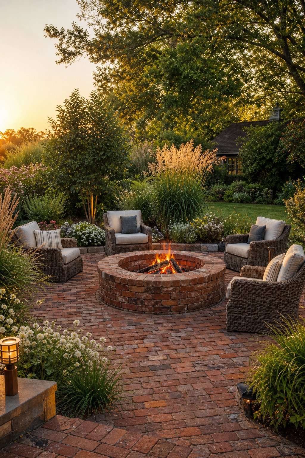 A landscaped backyard terrace with a reclaimed brick fire pit, outdoor chairs, garden plants, and a small fire.