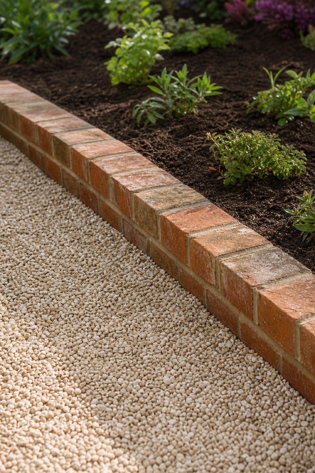 A low red brick edging separates a gravel path from dark garden soil.