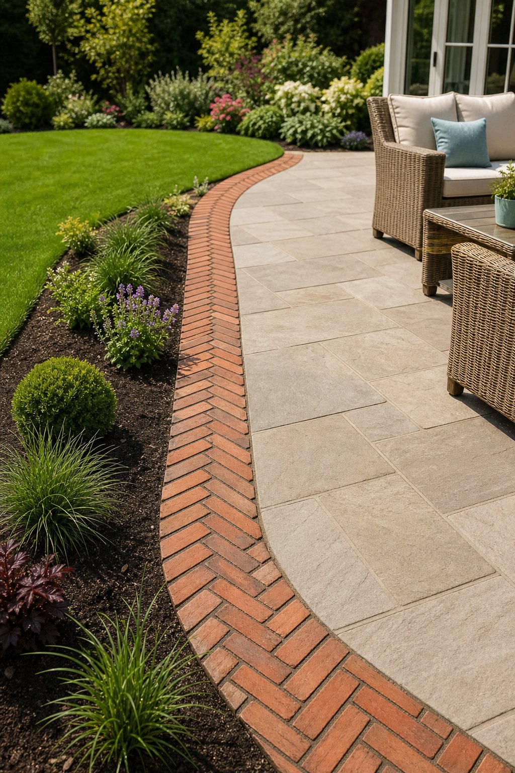 A patio bordered by red bricks arranged in a herringbone pattern beside a green lawn and garden.
