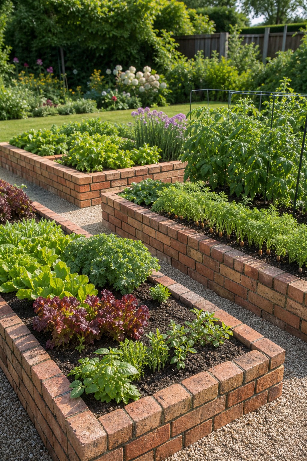 Brick raised garden beds filled with healthy vegetables in a landscaped backyard.