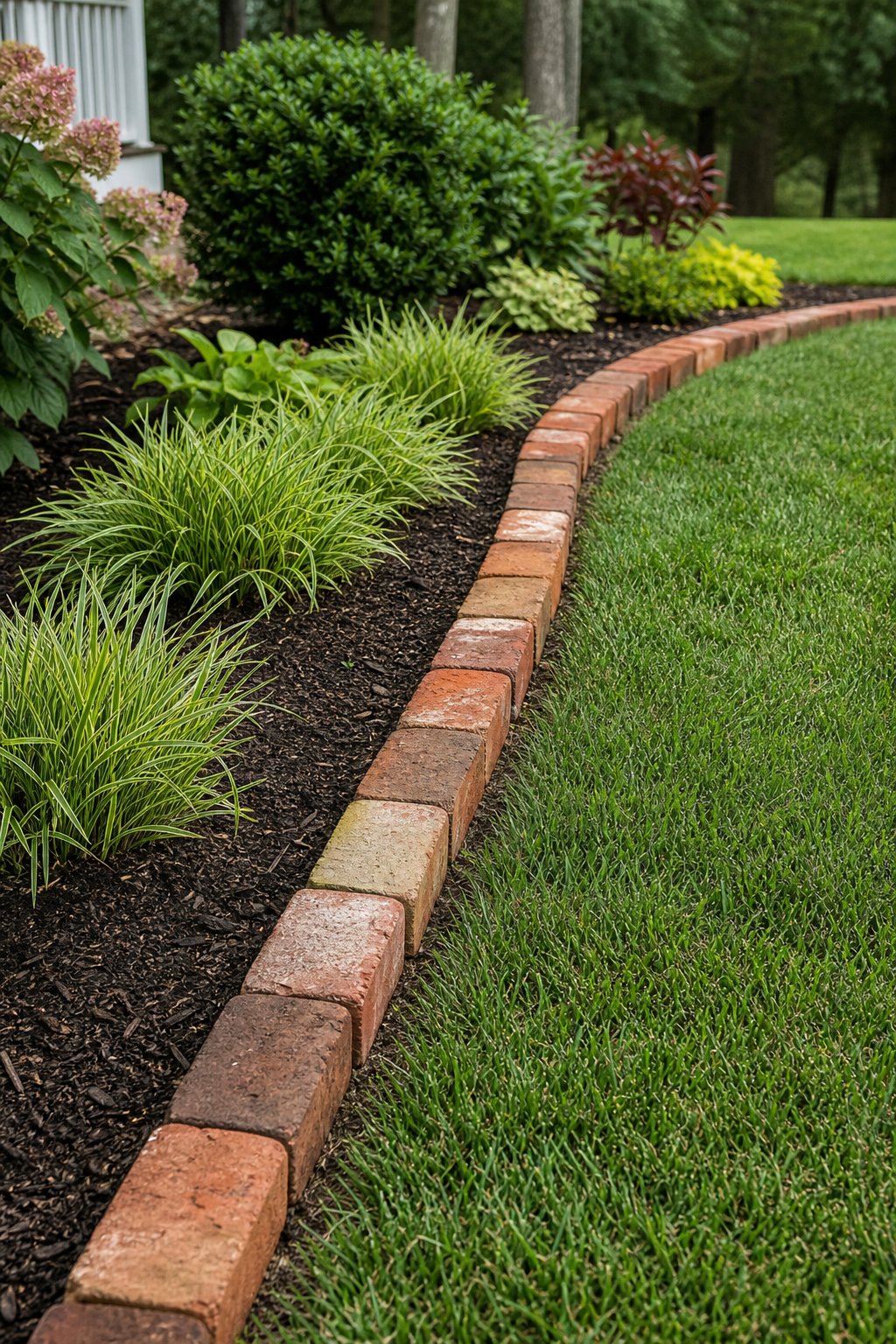 A single row of reclaimed bricks creates a neat border between a green lawn and a planted garden bed.