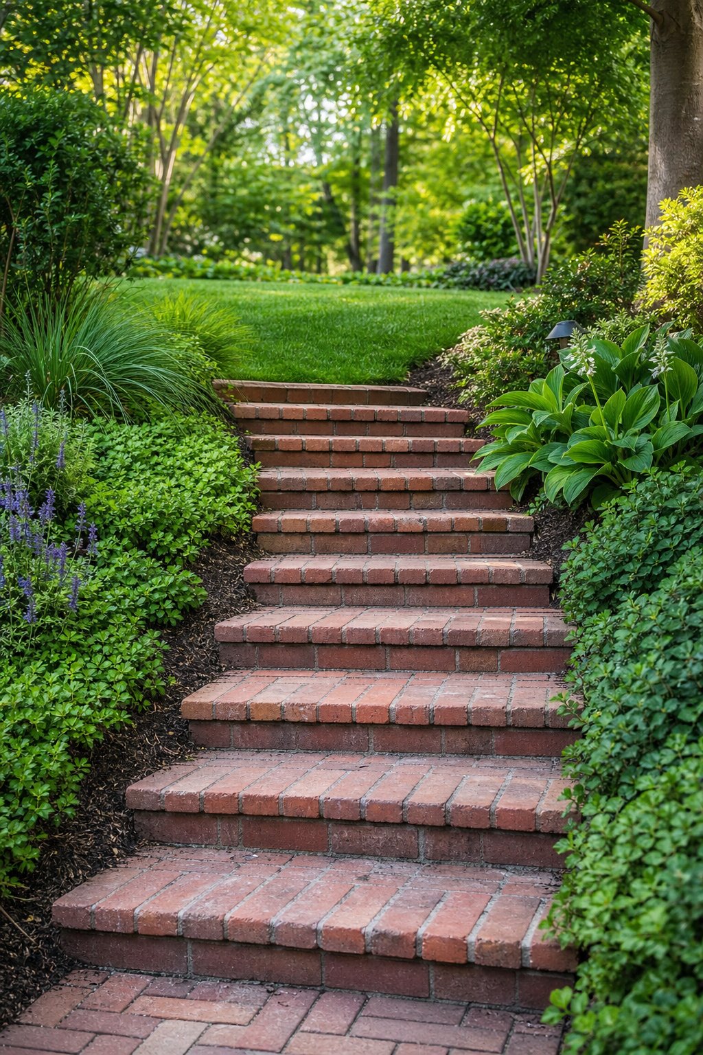 Brick steps lead up a landscaped sloped backyard path surrounded by green plants.