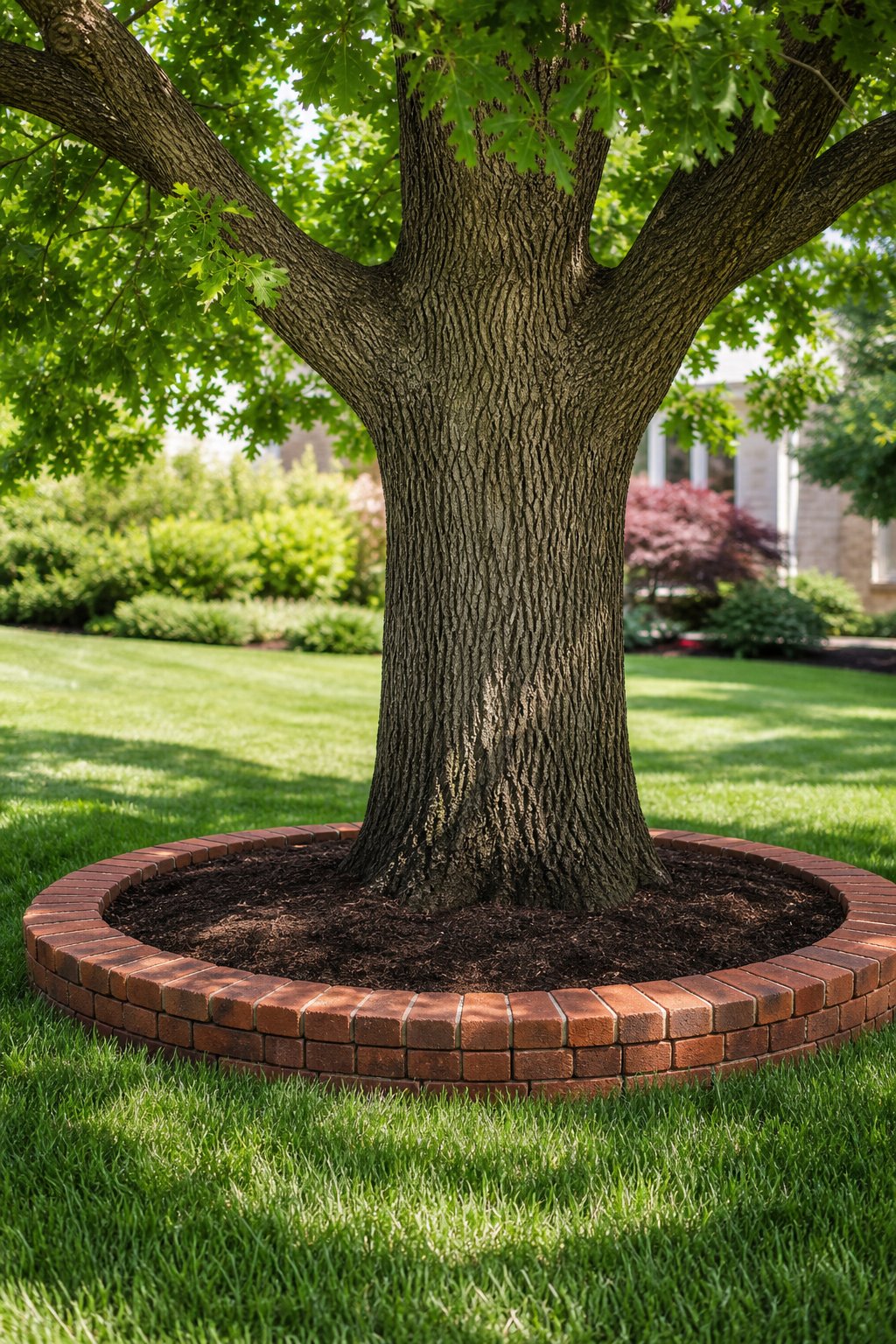 A mature oak tree surrounded by a circular ring of red and brown bricks in a green lawn.