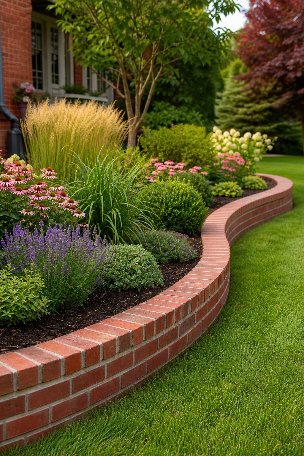 A curved brick wall borders a sweeping garden bed filled with lush plants beside a green lawn.