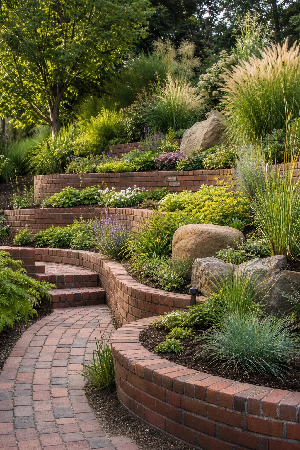 A landscaped sloped backyard with curved brick borders forming terraced garden beds.