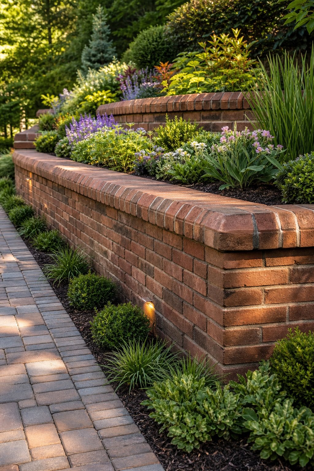 A brick-capped retaining wall supports several lush planted garden terraces beside a pathway.