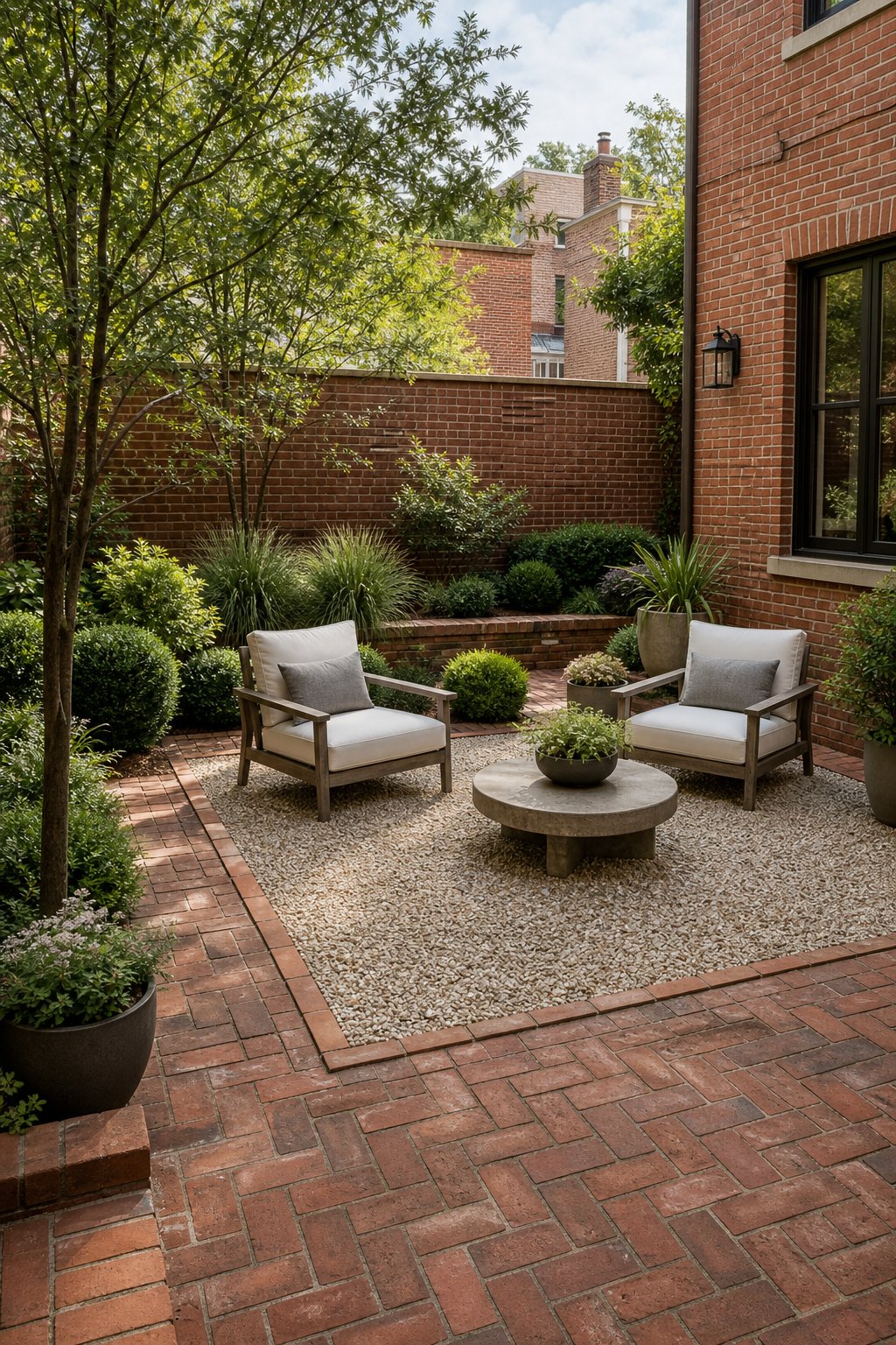 A brick courtyard with a gravel seating area, lounge chairs, plants, and low brick walls.