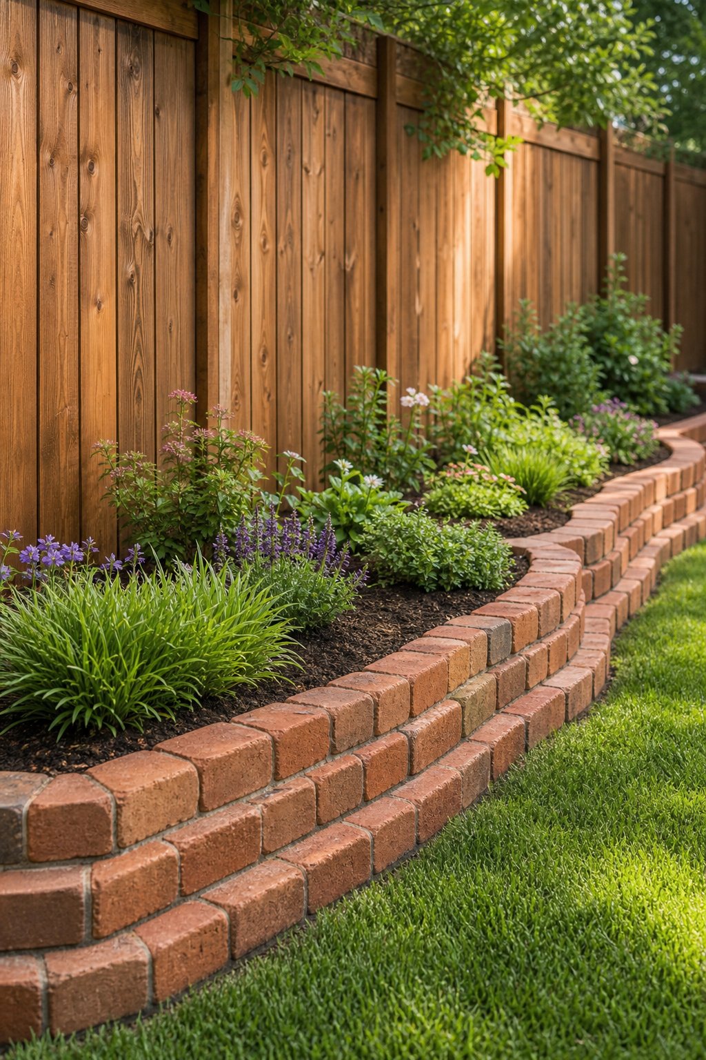 Tiered brick edging borders a planted garden bed along a wooden fence.