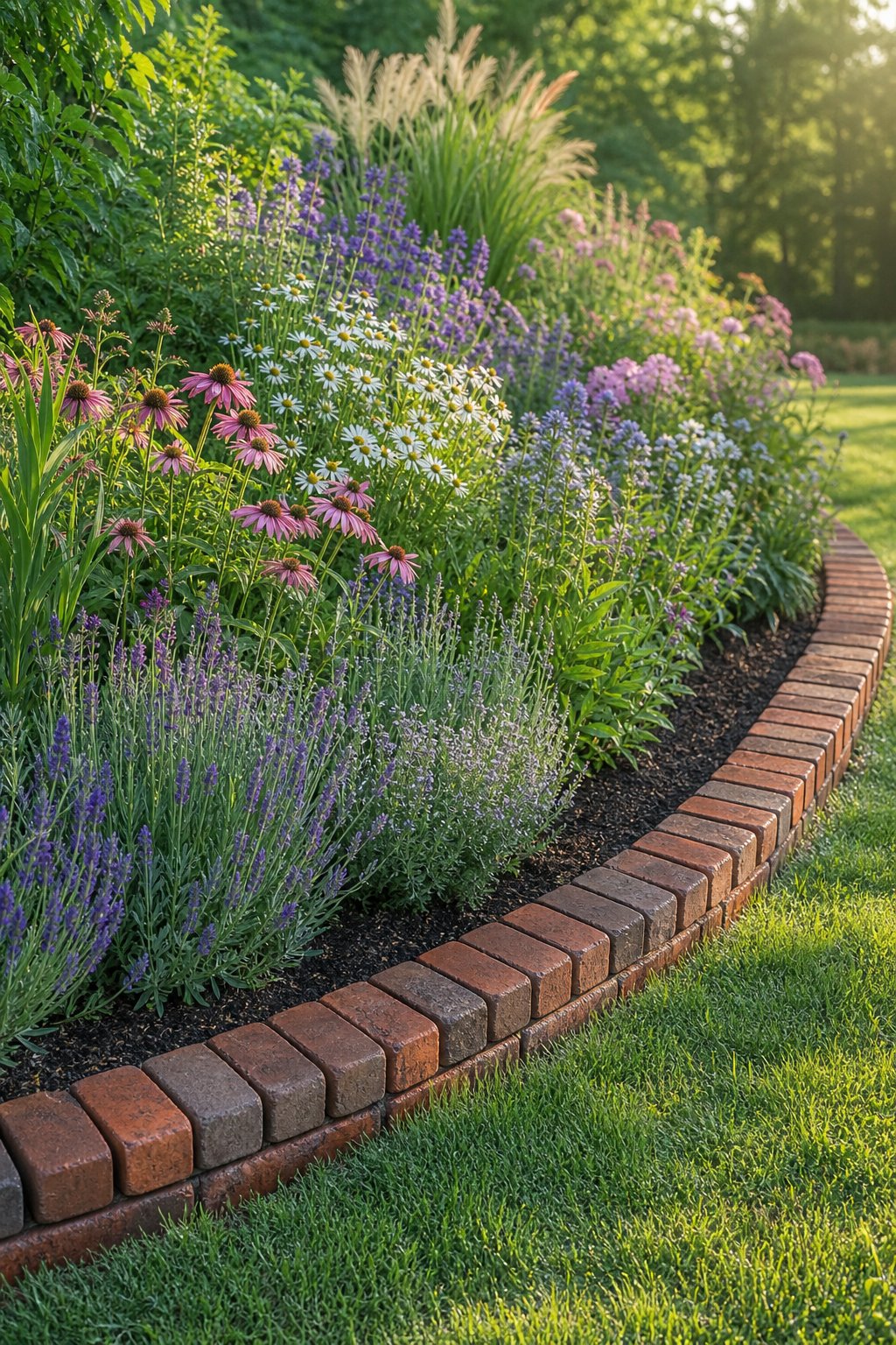 A curved brick border surrounds a colorful cottage garden filled with flowering perennials.