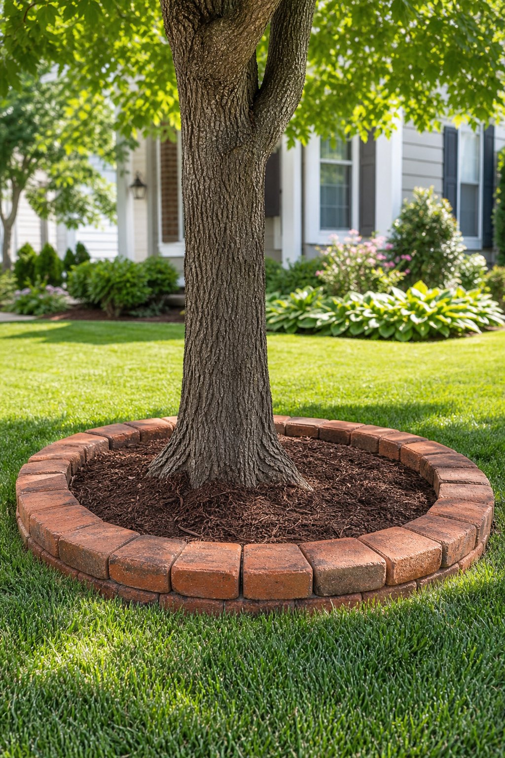 A mature front-yard tree surrounded by a circular brick edging ring and dark mulch.