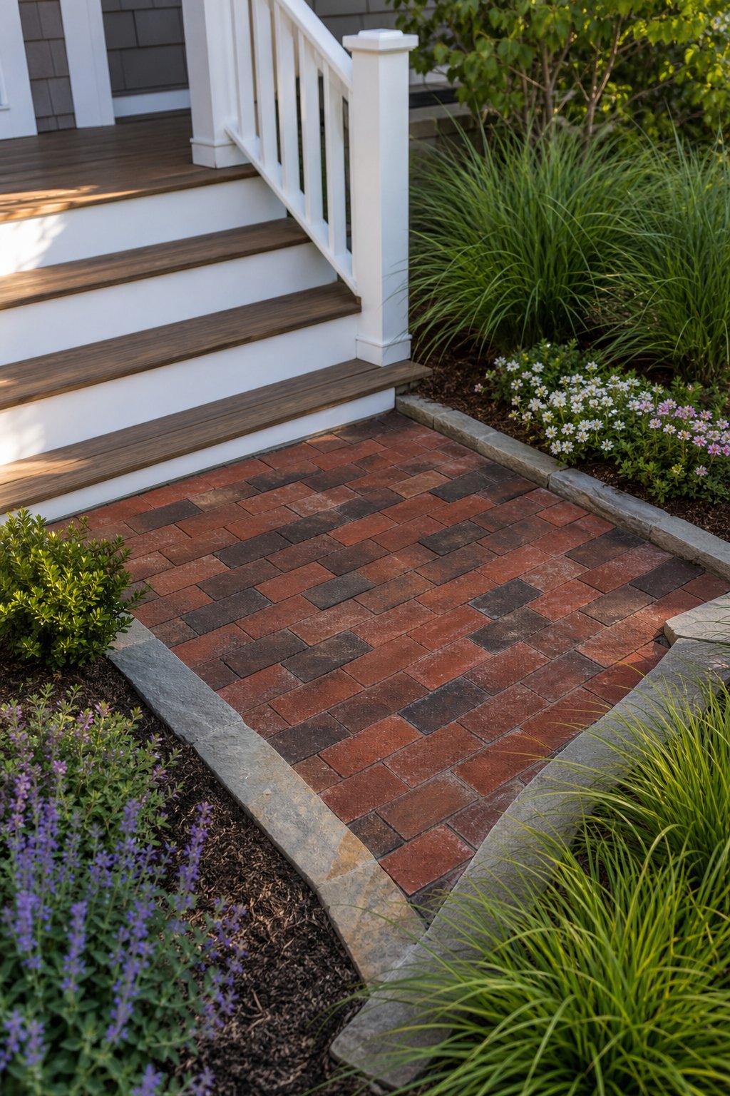 Brick landing with landscaped garden beds at the base of porch steps.