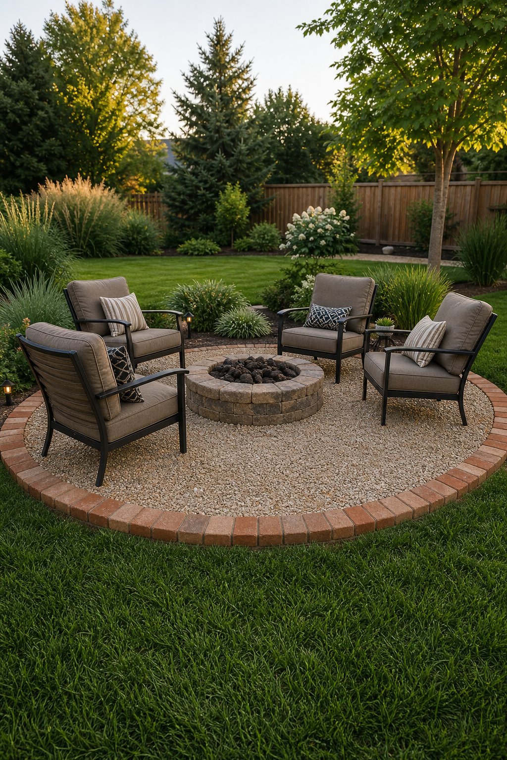 A circular fire pit area surrounded by a curved brick edge in a landscaped backyard.