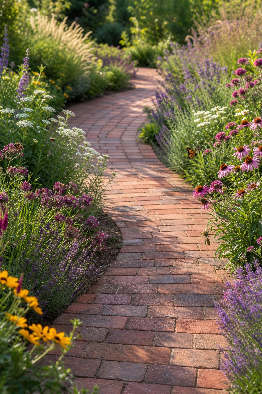 A brick path curves through a flower-filled pollinator garden with bees and butterflies among the plants.