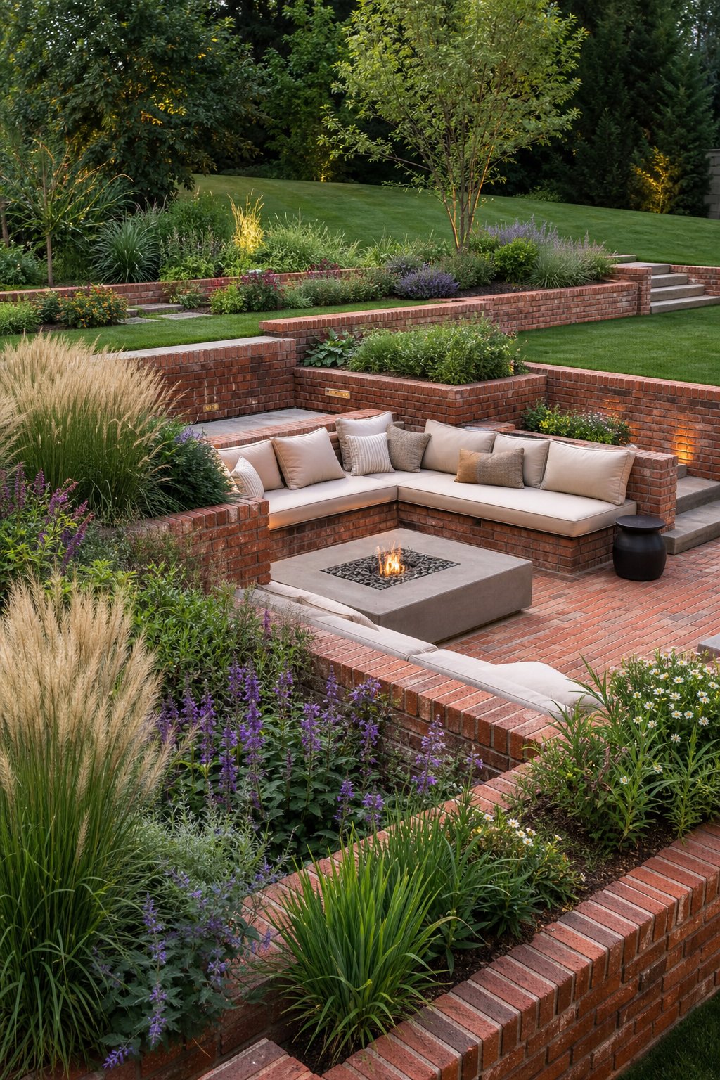 A sunken outdoor lounge surrounded by staggered brick planters filled with lush greenery.