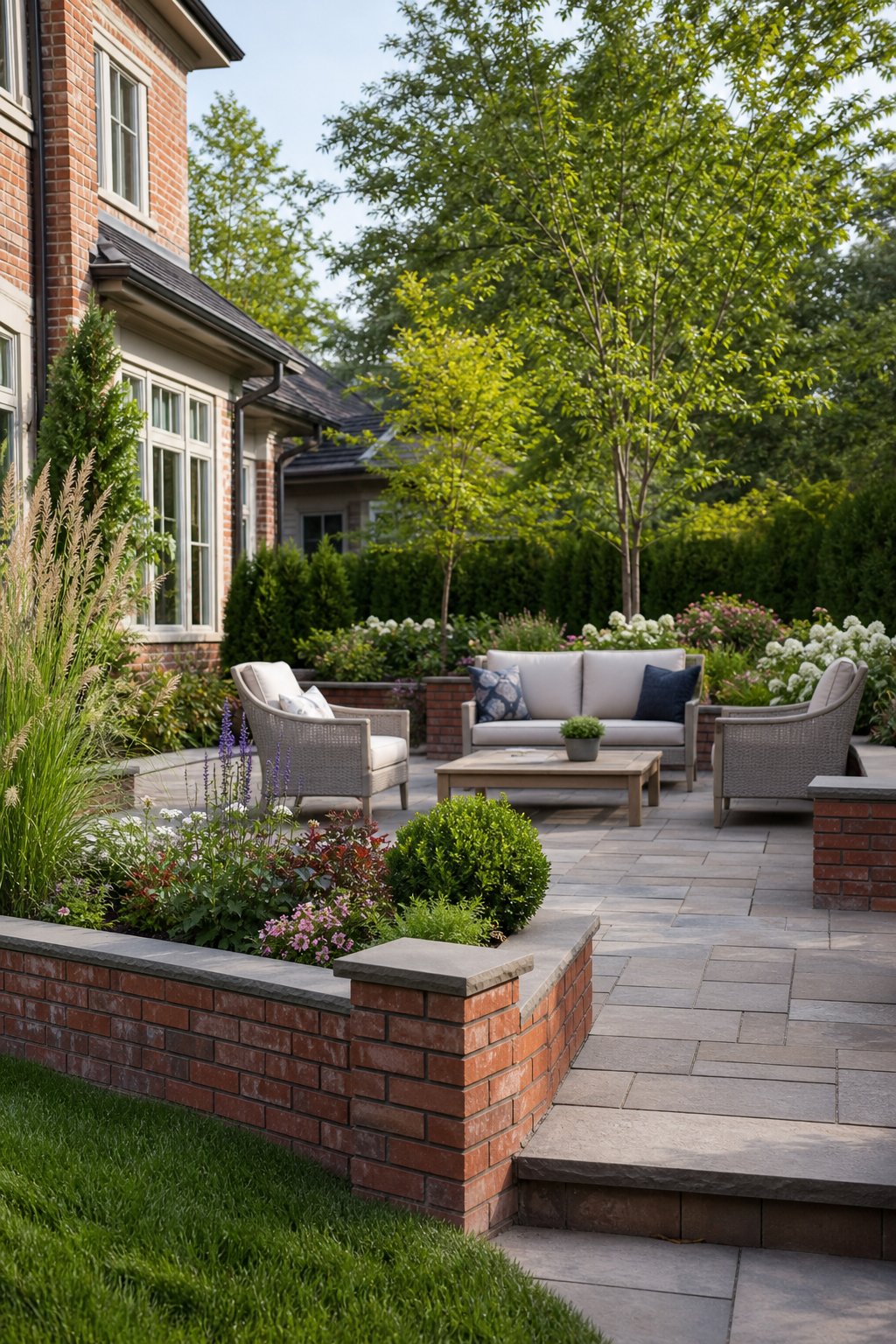 A landscaped patio surrounded by a low brick planter wall filled with plants and flowers.