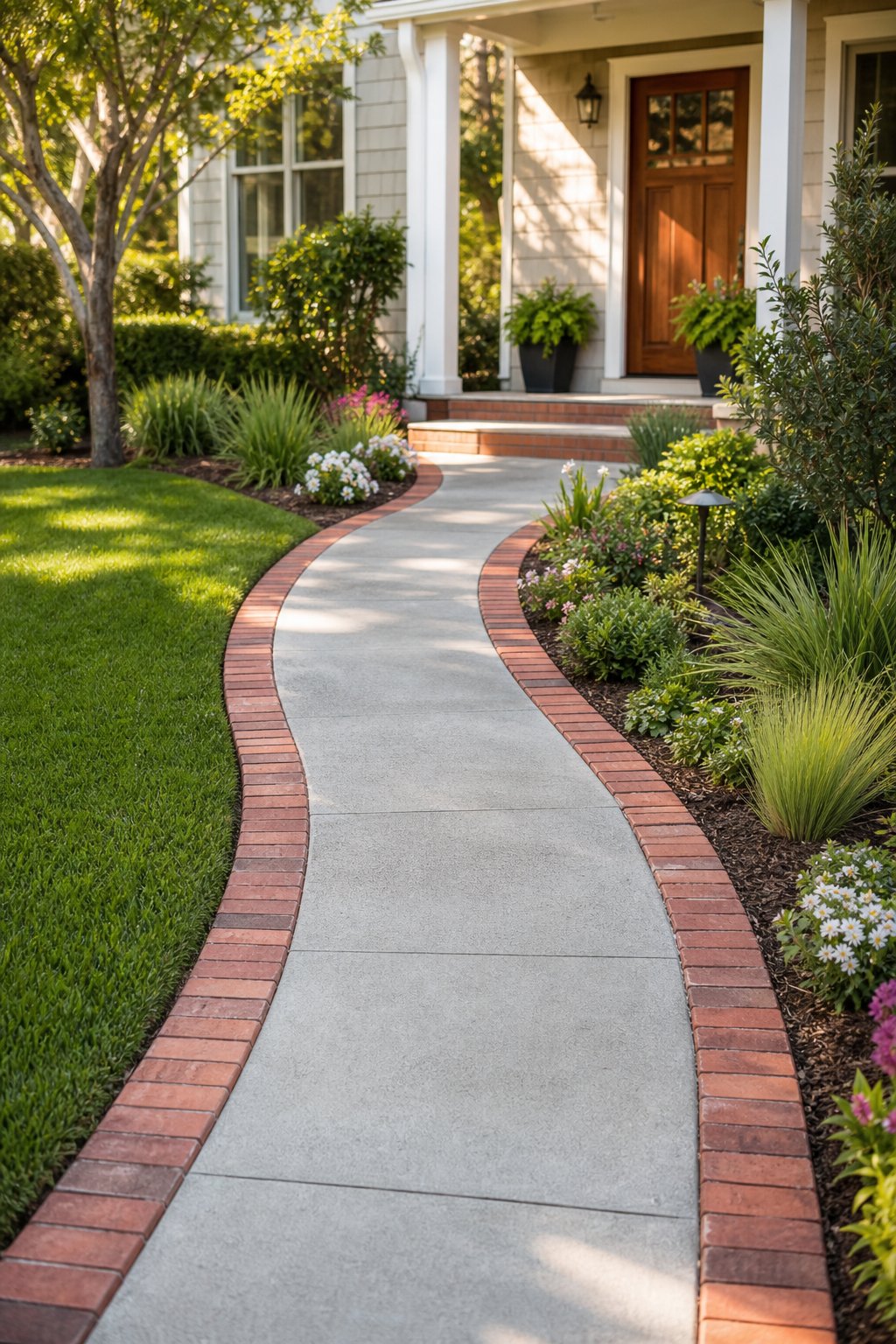 A front walkway bordered by a neat row of red bricks and landscaped garden beds.