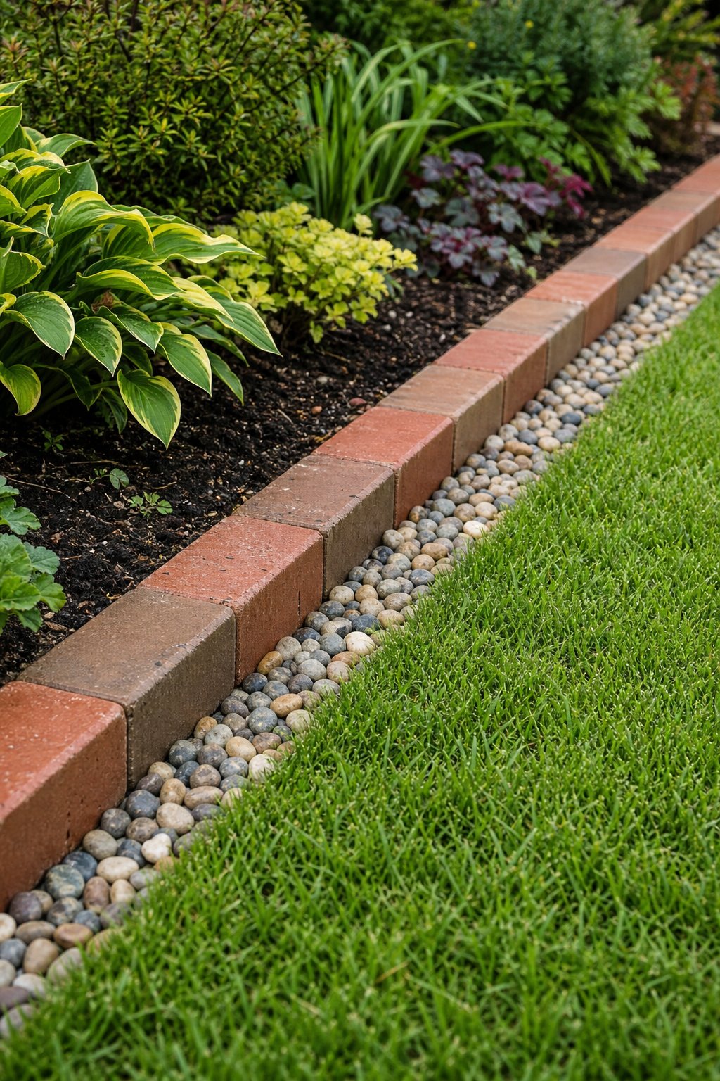A brick garden edge borders a narrow strip of rounded pebbles beside a green lawn.