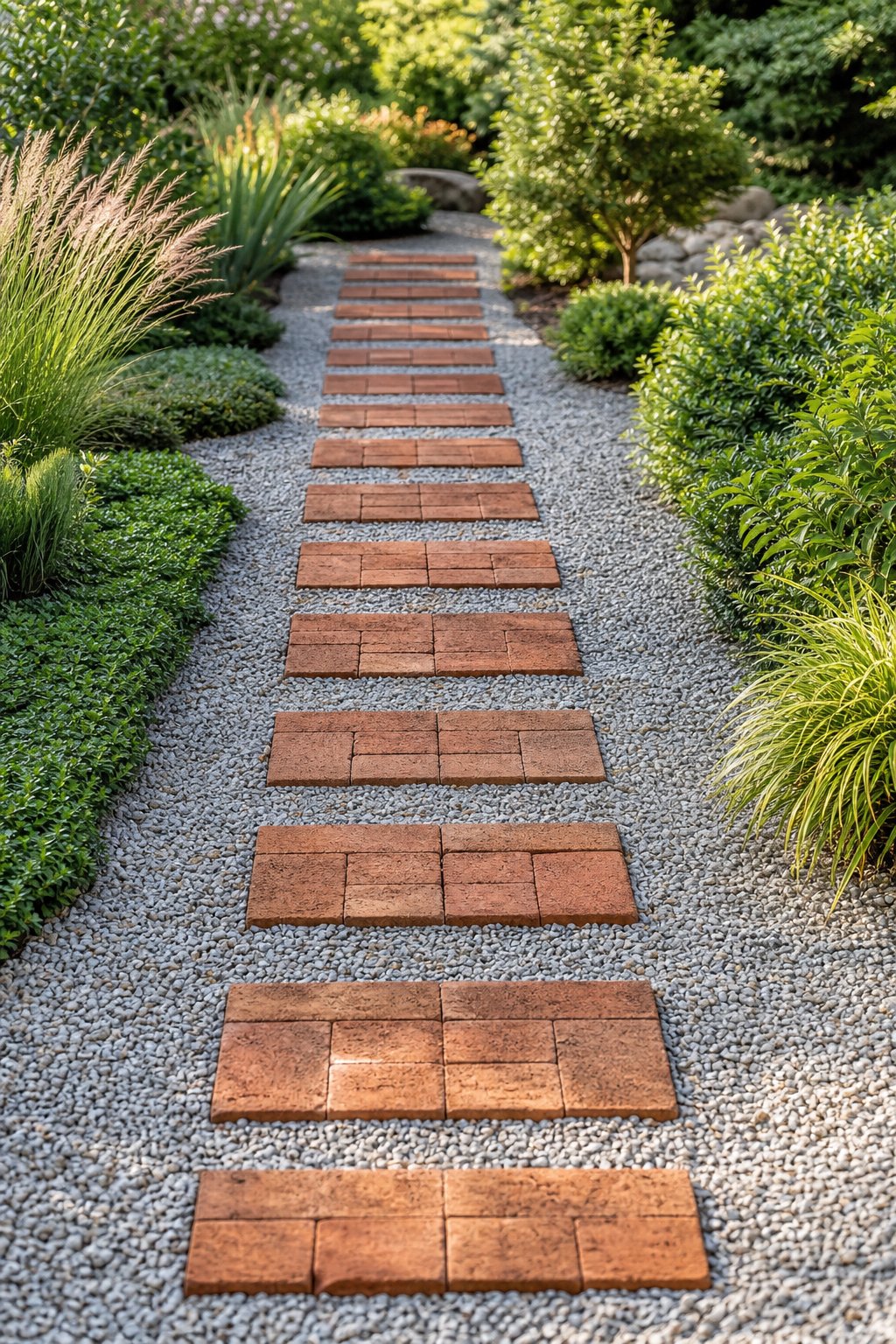 A gravel garden path with evenly spaced brick stepping stones surrounded by green plants.