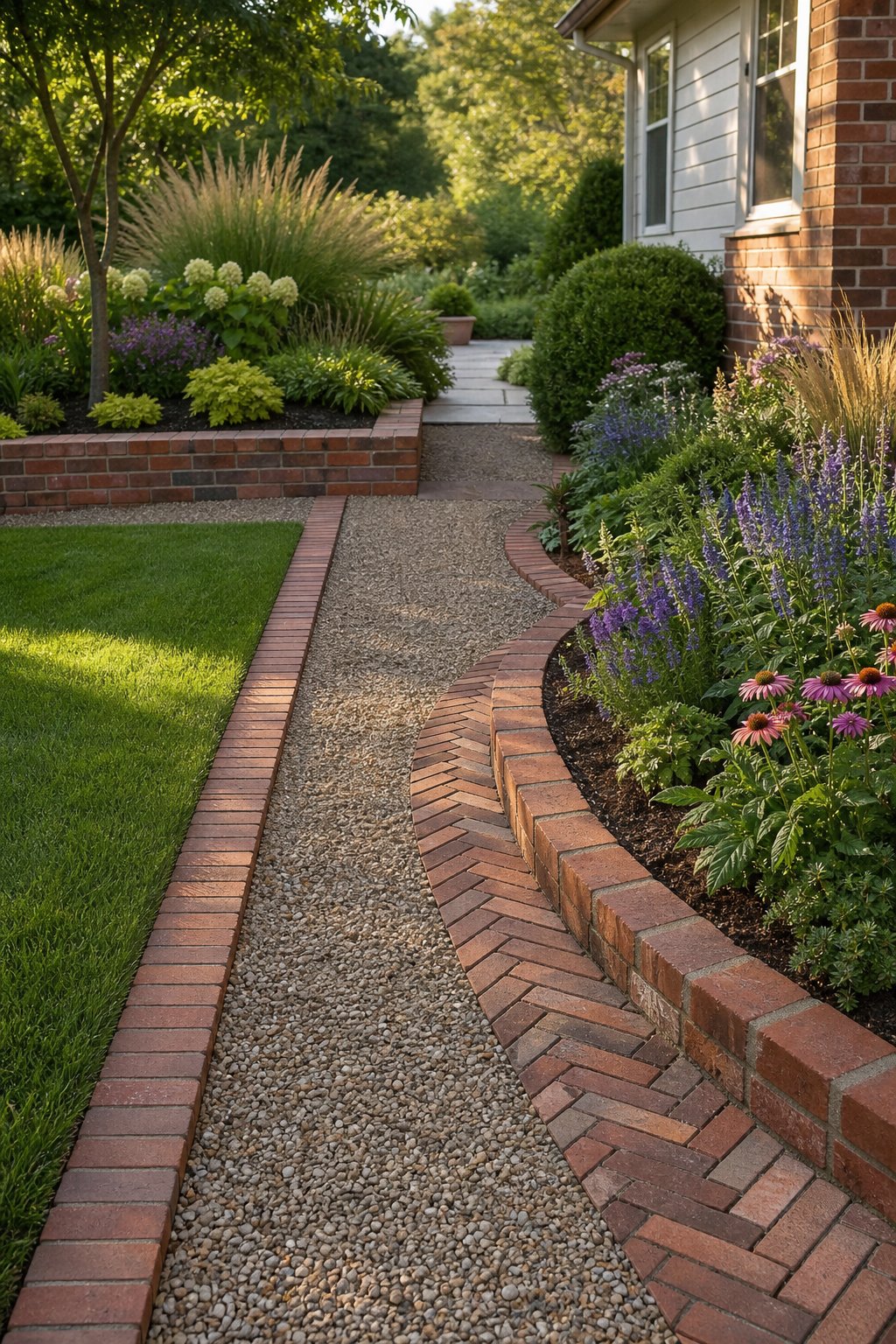 A landscaped garden path bordered by several brick edges around green plants and flower beds.