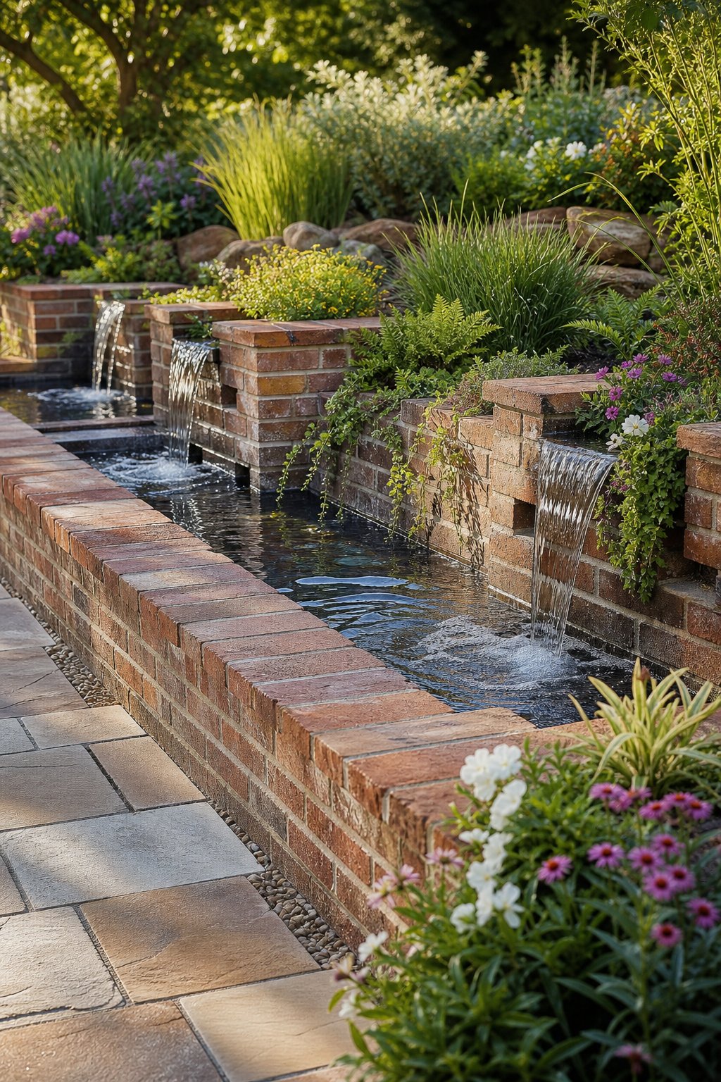 A brick-framed garden water feature with small planting pockets filled with greenery.
