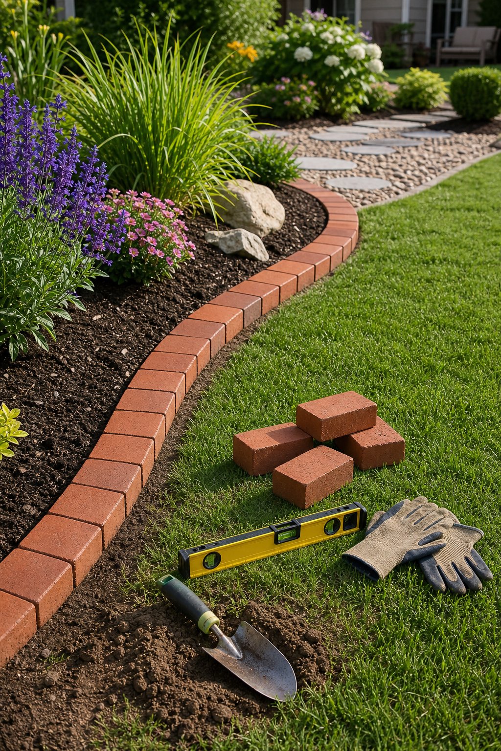 Brick edging borders a lawn and mulched flower bed beside neatly arranged gardening tools.