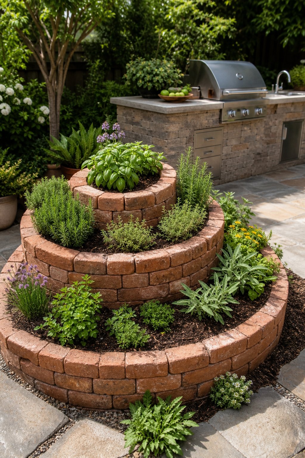 A brick herb spiral filled with green herbs beside an outdoor kitchen in a landscaped backyard.