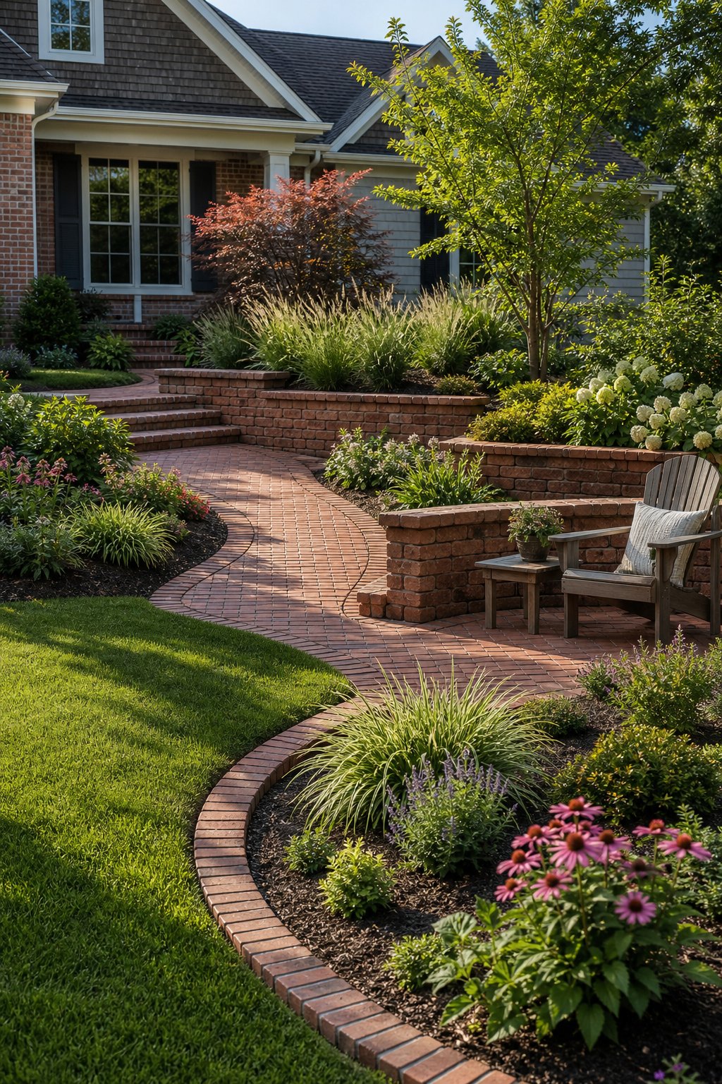 A landscaped residential yard with brick borders, a brick walkway, a small patio, and a low brick retaining wall surrounding flower beds.