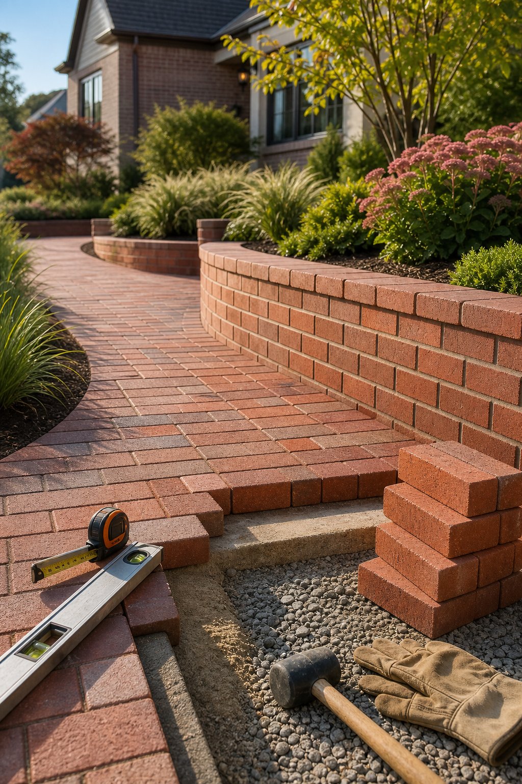 Brick garden walkway and retaining wall with landscaping tools and prepared ground.