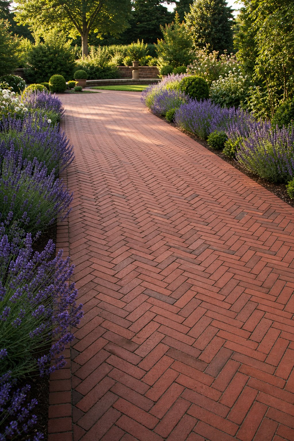 A red brick patio in a herringbone pattern bordered by blooming lavender plants.