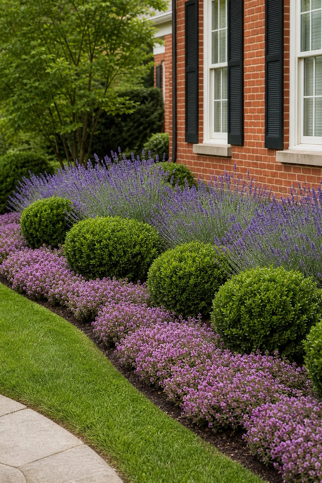 A layered foundation garden with boxwood, lavender, and creeping thyme beside a red brick house.