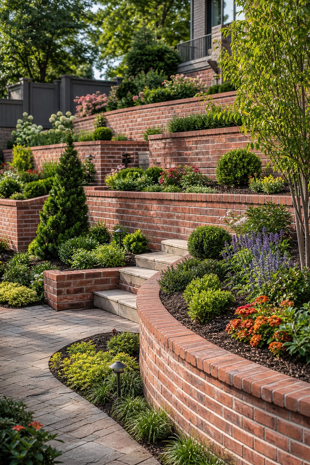A sloped garden with several red brick terraces filled with plants and connected by stone steps.