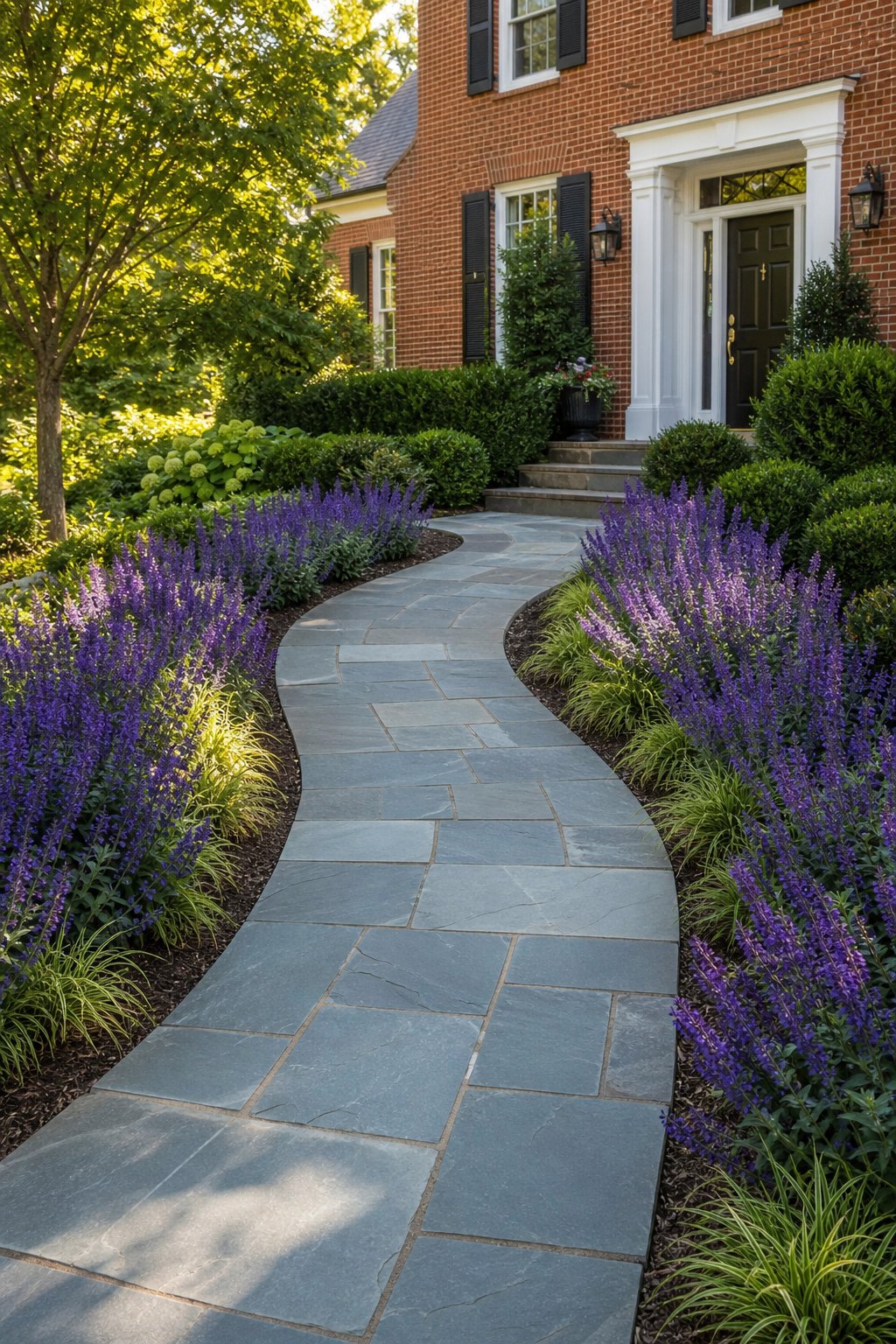 A blue-gray bluestone walkway bordered by blooming purple salvia leads to a red brick house.