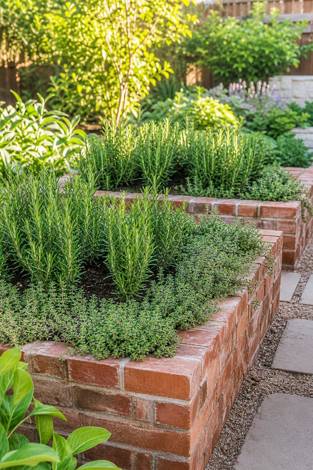 Red brick raised garden beds filled with rosemary and thyme.
