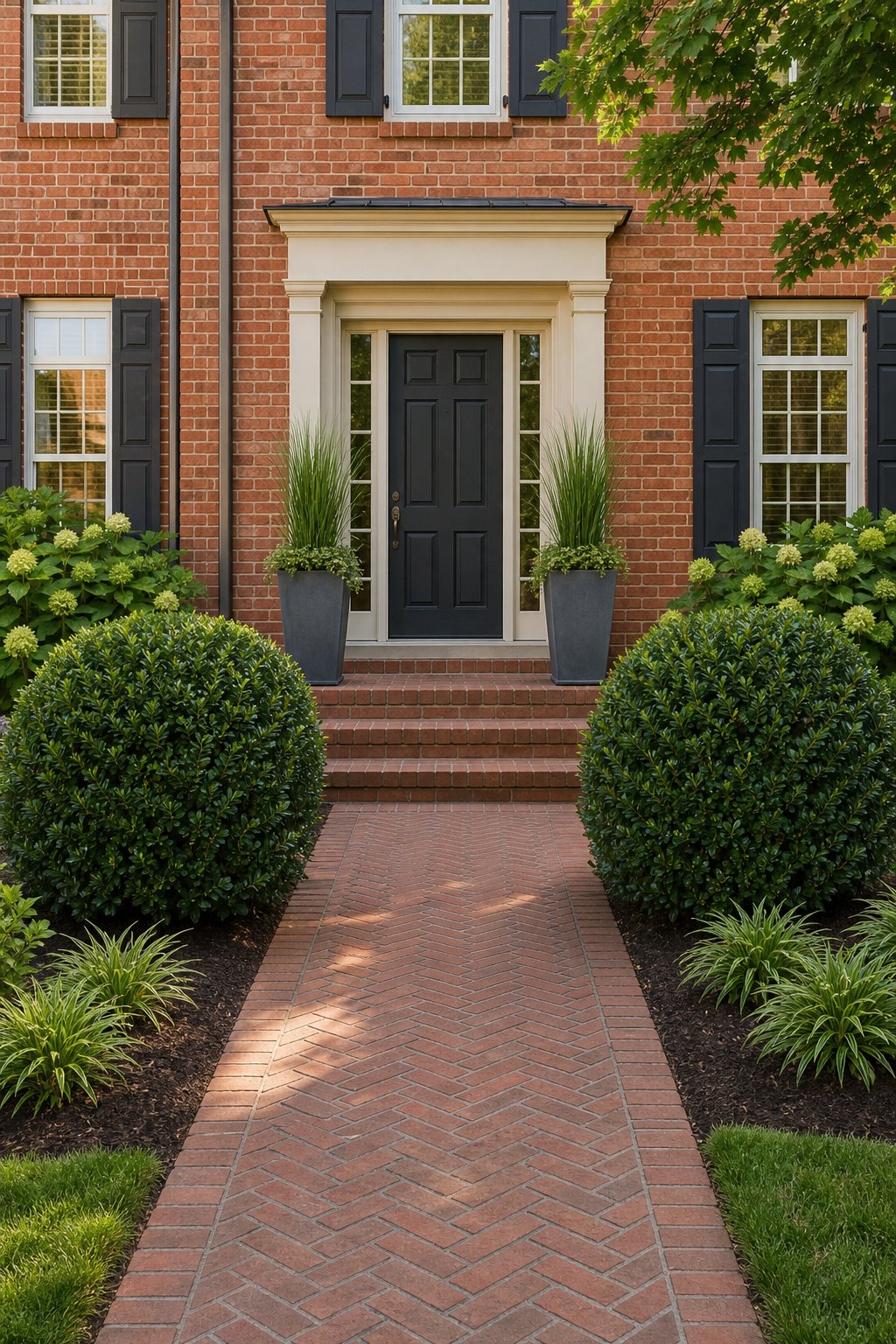 Symmetrical red brick home entrance with two rounded inkberry shrubs and matching tall planters.