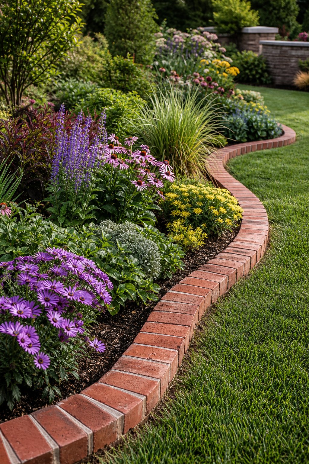 Curved red brick edging borders lush perennial flower beds in a landscaped garden.