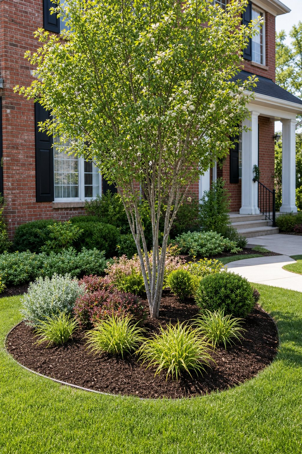 A kidney-shaped mulched garden bed with a serviceberry tree in front of a red brick house.