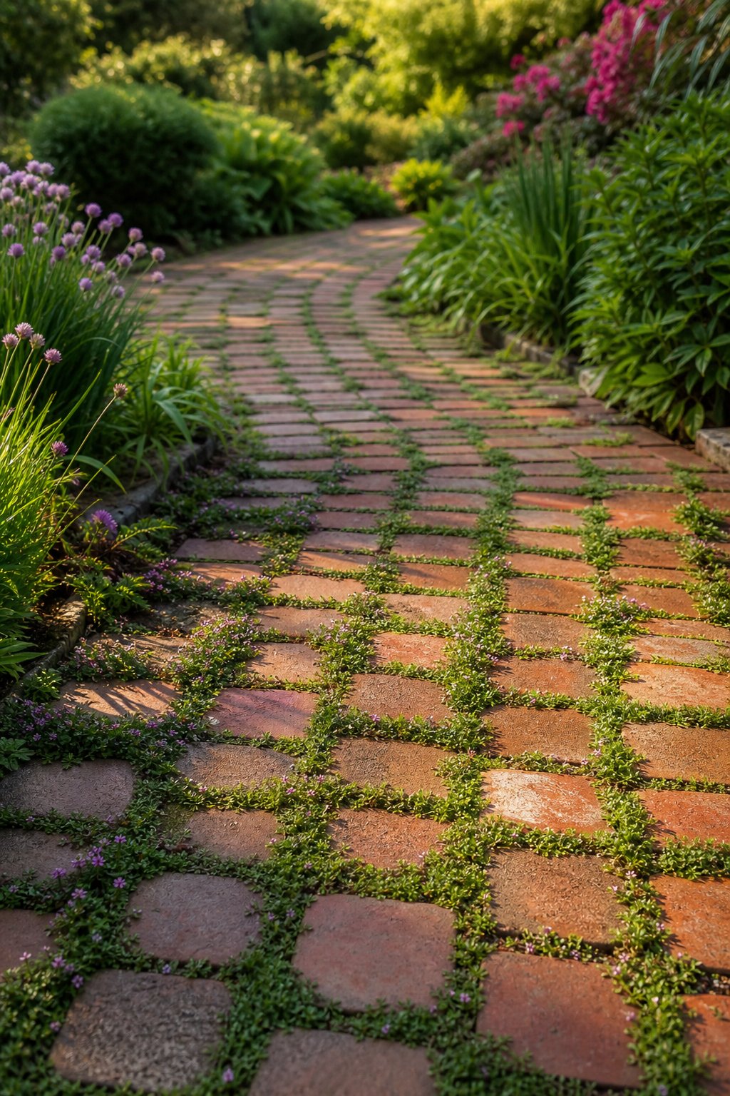 A red brick garden pathway with green creeping thyme growing between the bricks.