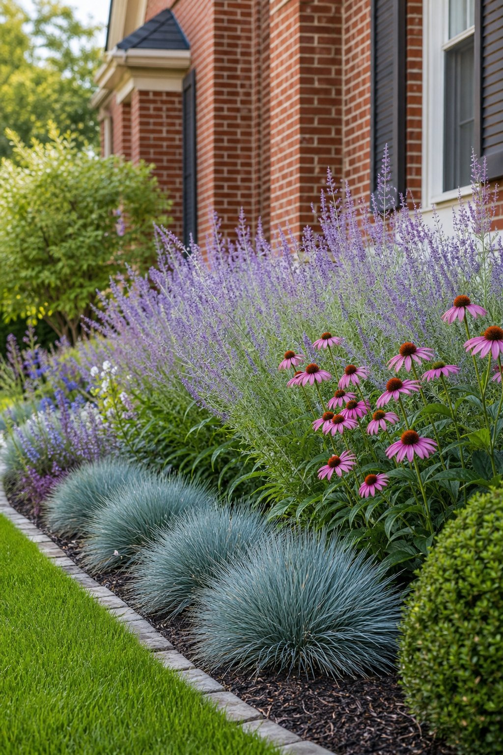 A cool-toned perennial garden border with Russian sage, purple coneflowers, and blue fescue beside a red brick house.