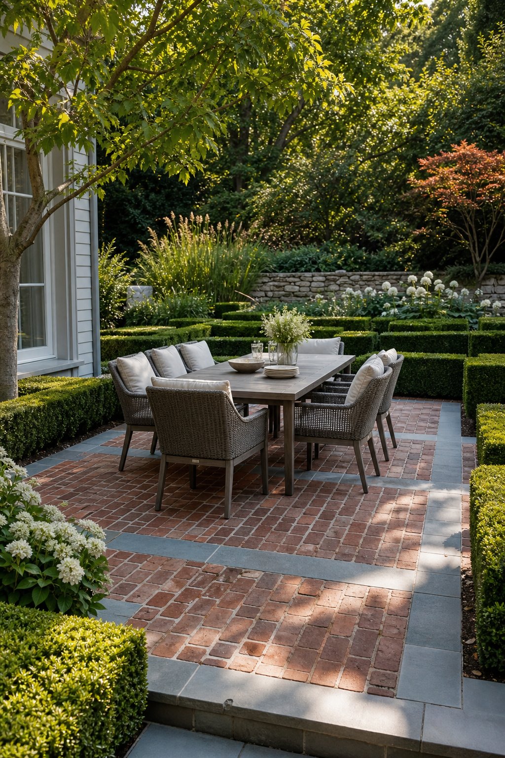 A red brick dining patio with blue-gray stone accents, surrounded by neatly trimmed boxwood borders and garden plants.