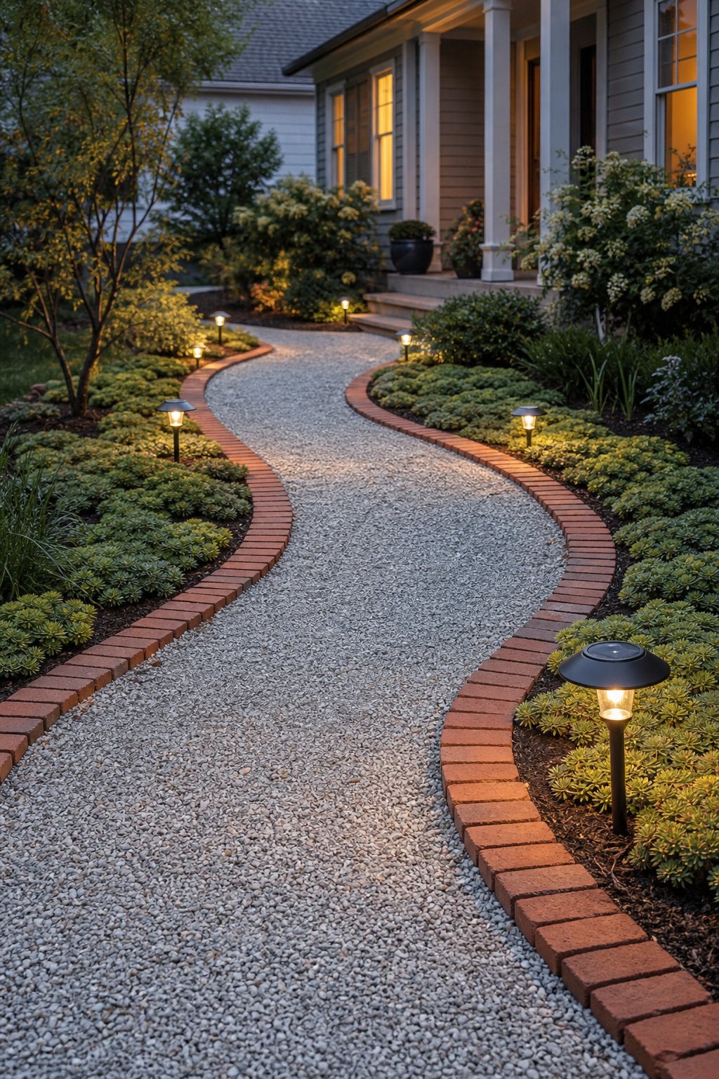 A red brick-edged pathway bordered by low green sedum and small solar lights leads through a landscaped front yard.