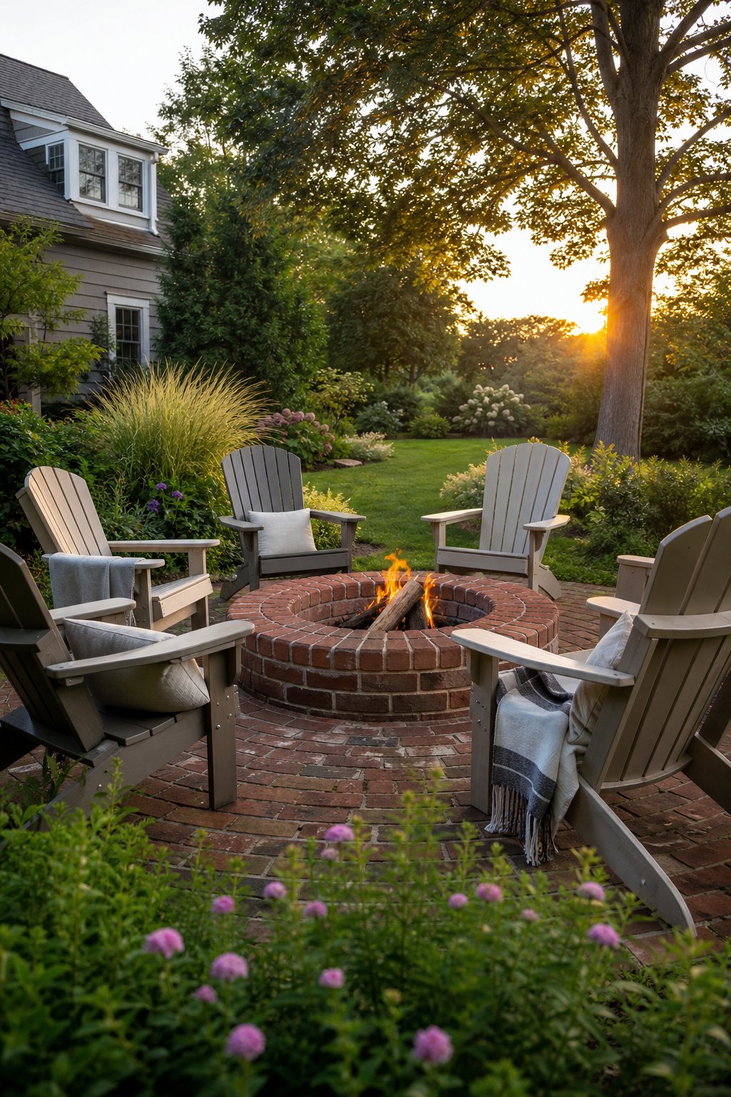 A red brick fire pit surrounded by Adirondack chairs in a landscaped garden.