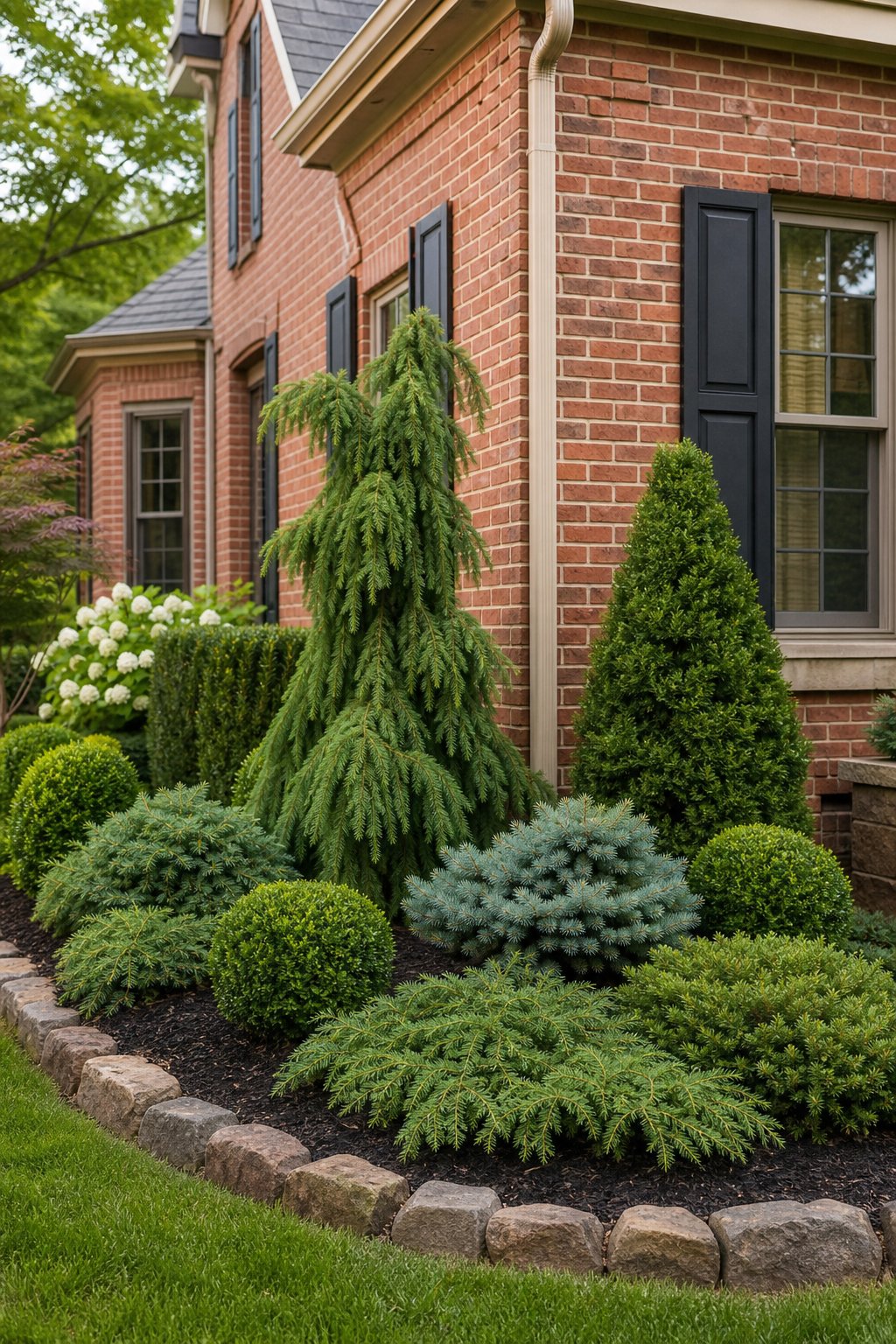 Evergreen shrubs, dwarf conifers, and boxwood planted beside the corner of a red brick house.